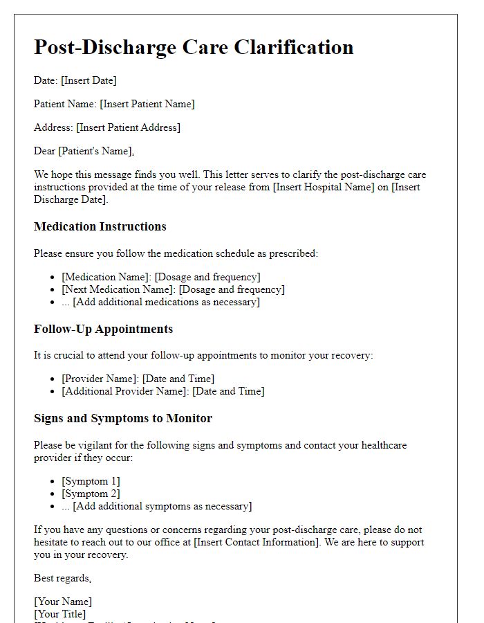 Letter template of clarification on post-discharge care