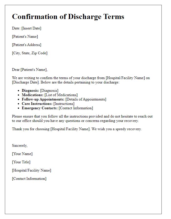 Letter template of confirmation for discharge terms