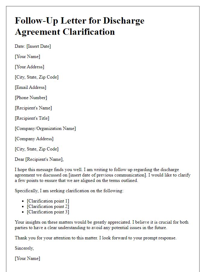 Letter template of follow-up for discharge agreement clarification