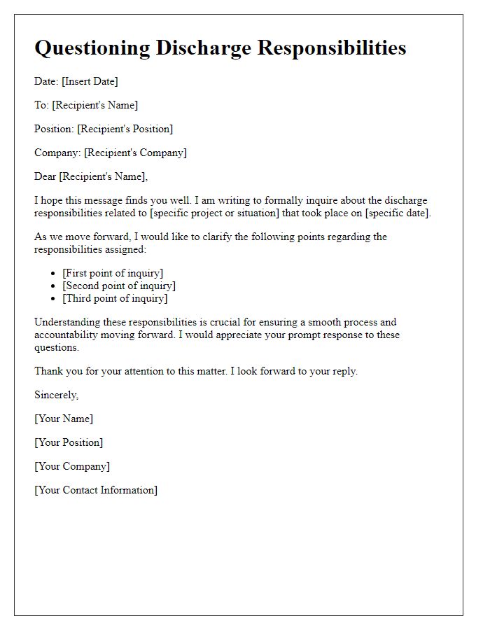 Letter template of questioning discharge responsibilities