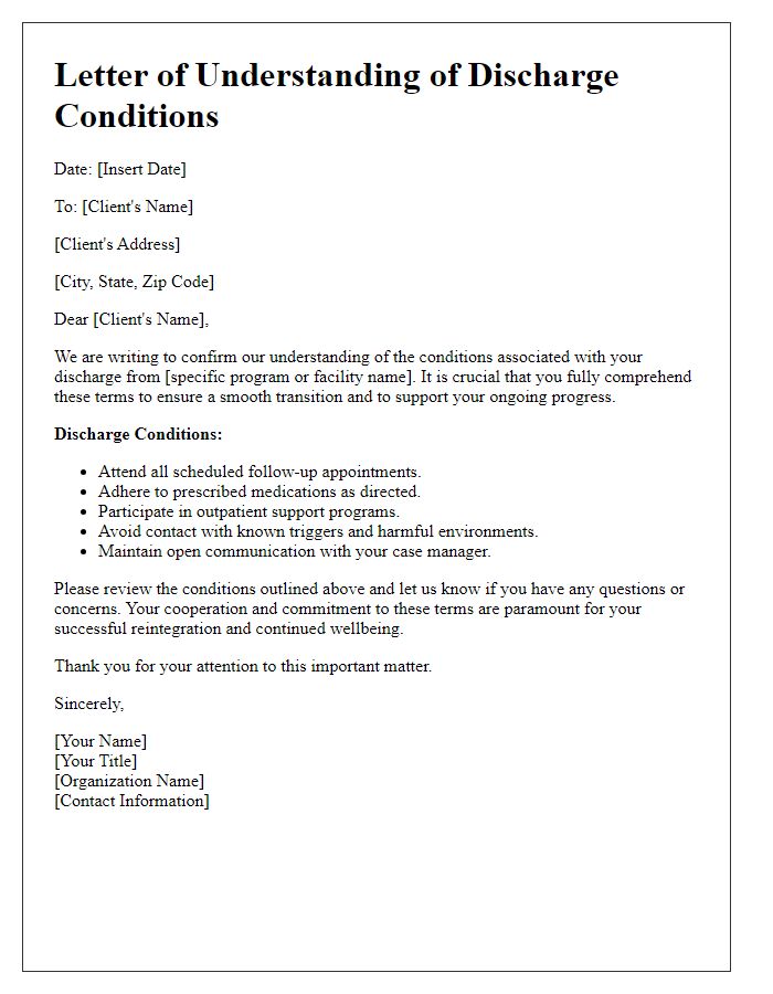 Letter template of understanding discharge conditions