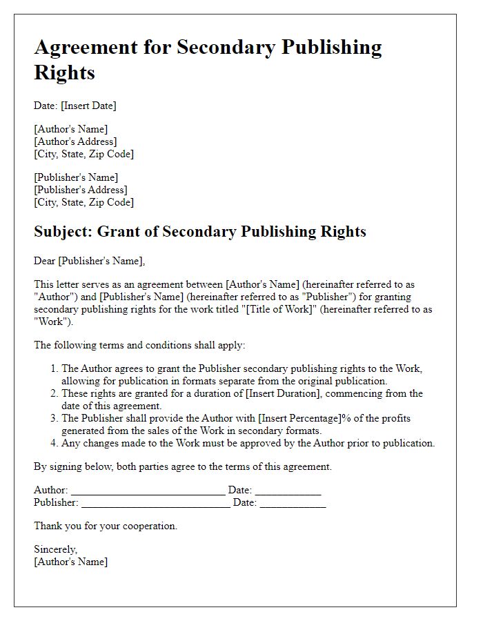 Letter template of agreement for secondary publishing rights