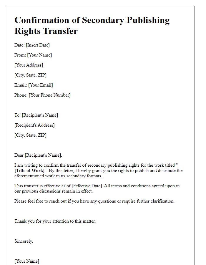 Letter template of confirmation for secondary publishing rights transfer