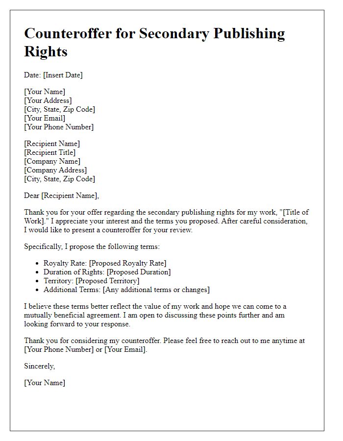 Letter template of counteroffer for secondary publishing rights