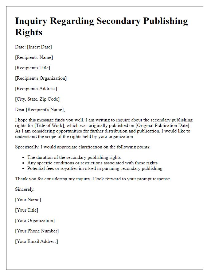 Letter template of inquiry regarding secondary publishing rights