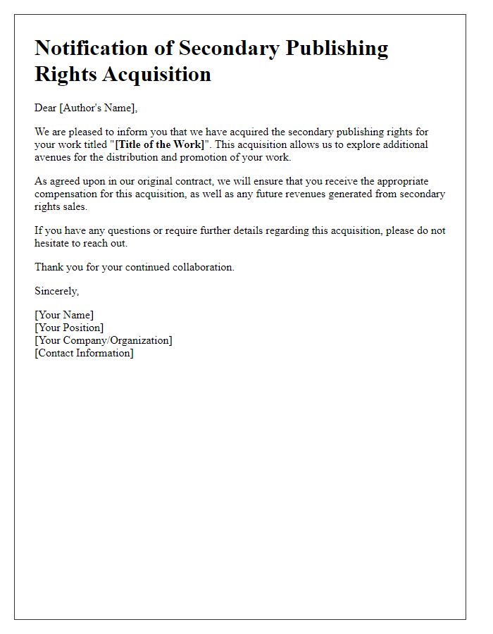 Letter template of notification for secondary publishing rights acquisition