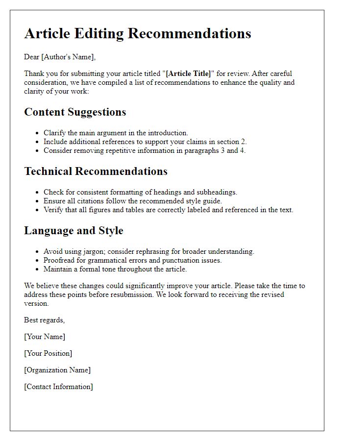 Letter template of article editing recommendations