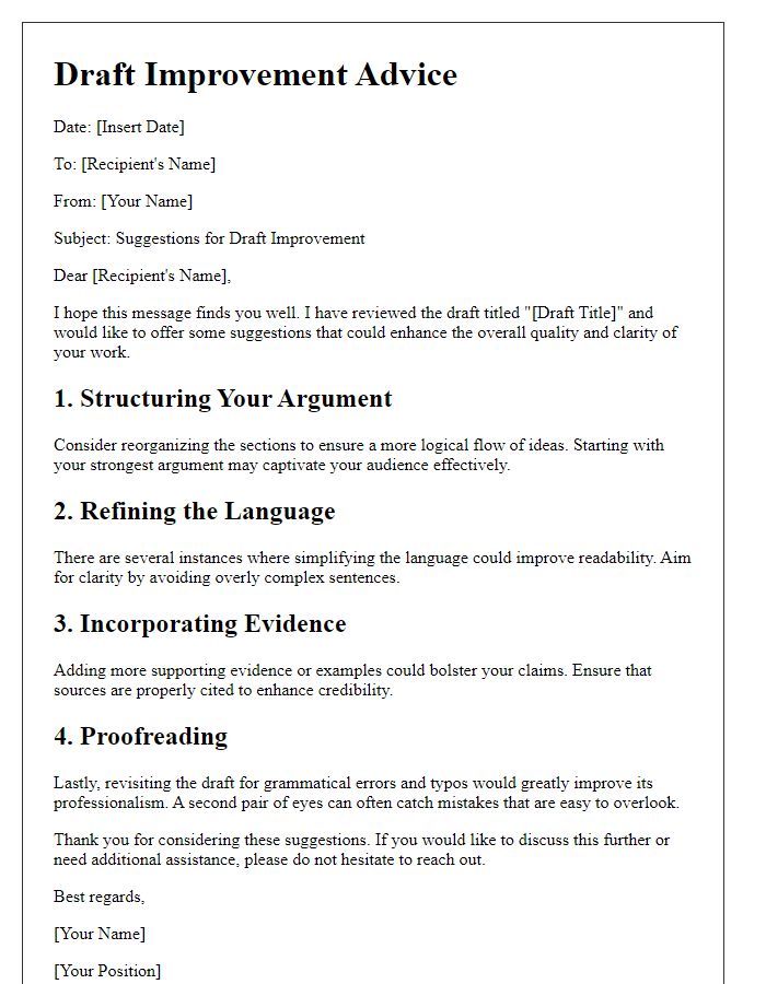 Letter template of draft improvement advice
