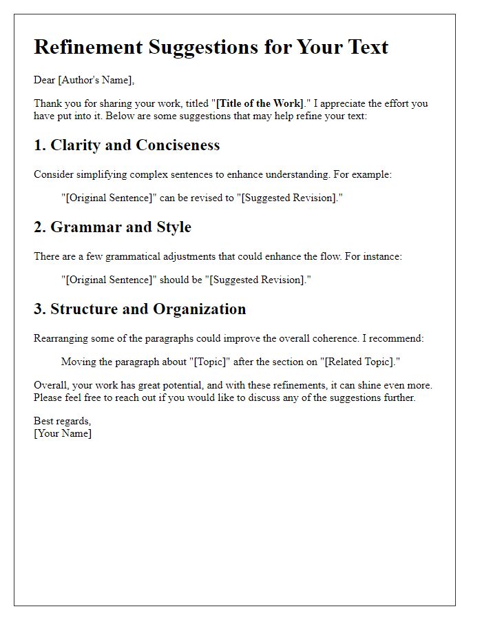 Letter template of text refinement suggestions