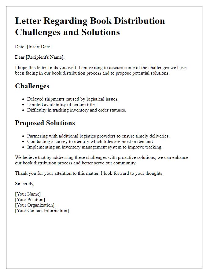 Letter template of book distribution challenges and solutions