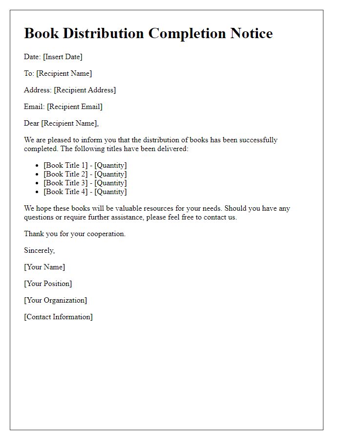 Letter template of book distribution completion notice