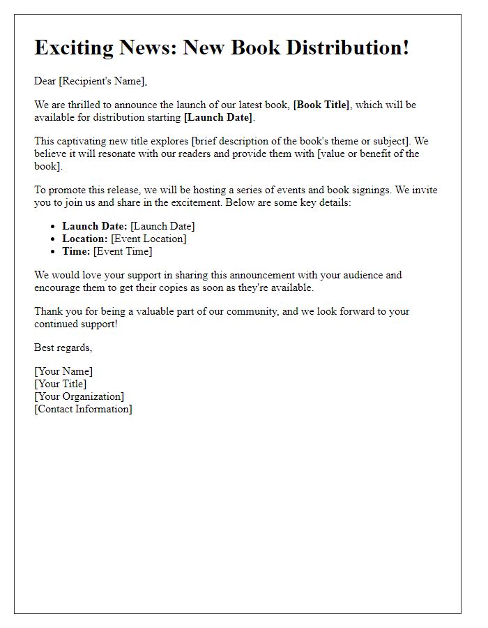 Letter template of new book distribution announcement