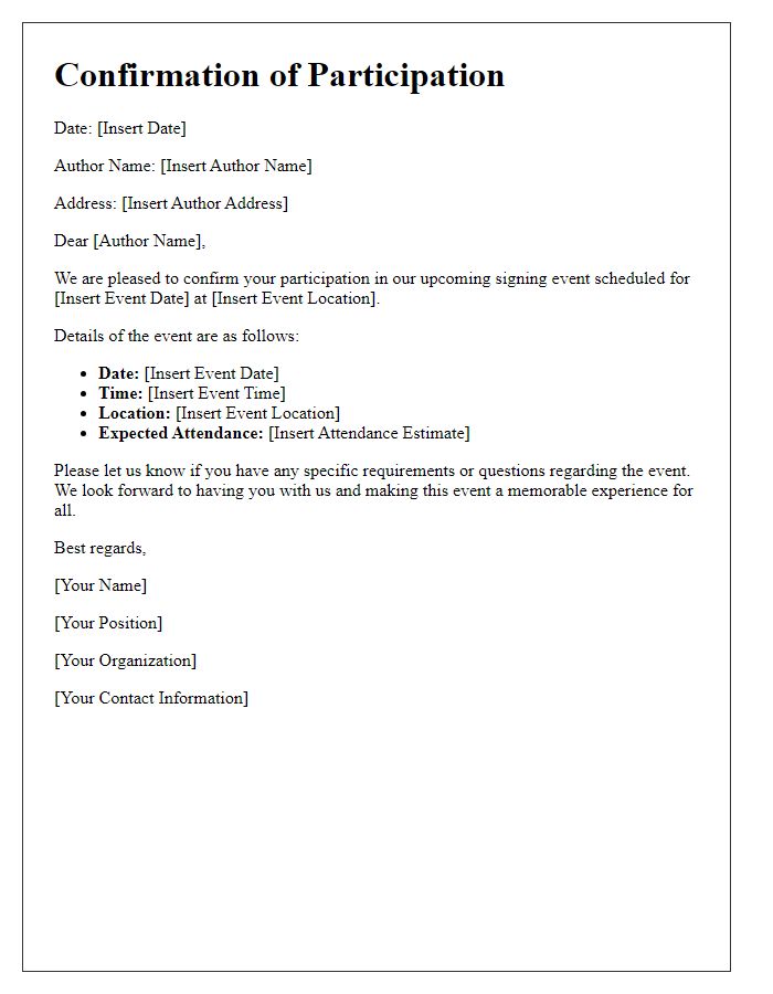 Letter template of confirmation for author participation in a signing event.