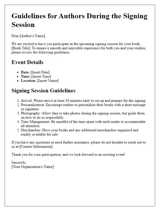 Letter template of guidelines for authors during the signing session.