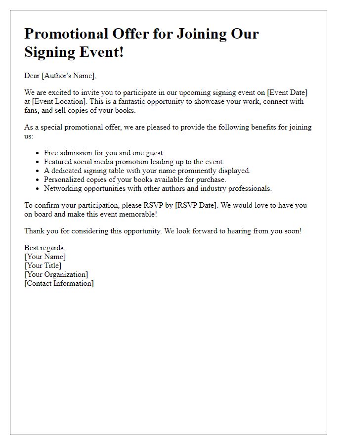 Letter template of promotional offer for authors joining signing events.