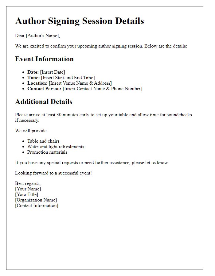 Letter template of scheduling details for an author signing session.