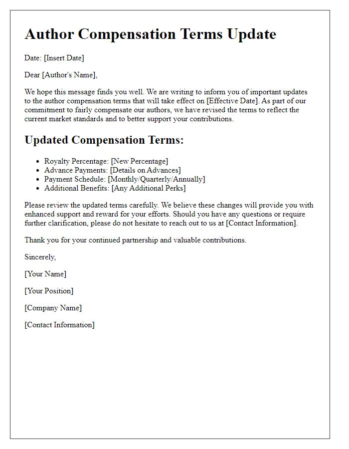 Letter template of Author Compensation Terms Update