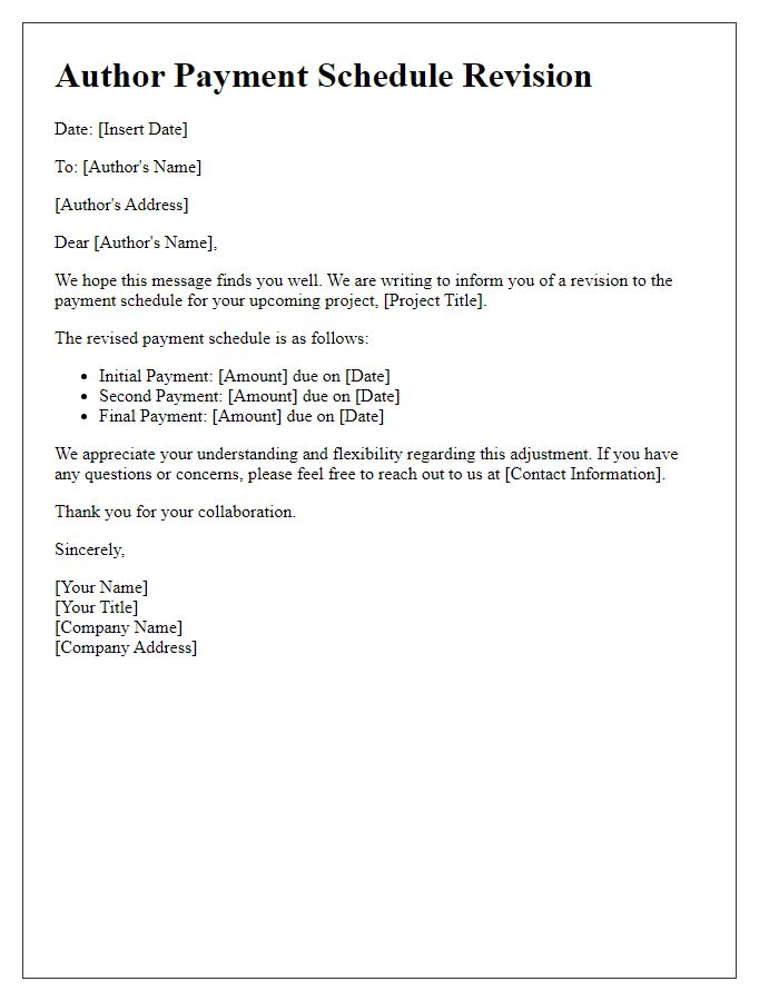 Letter template of Author Payment Schedule Revision