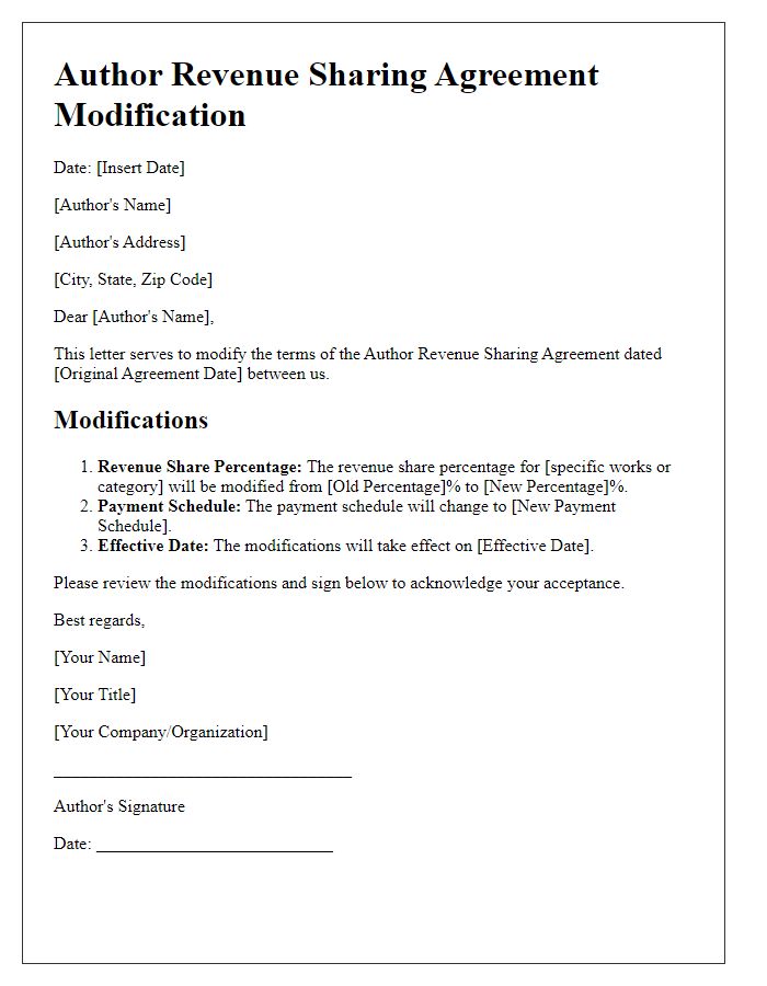 Letter template of Author Revenue Sharing Agreement Modification