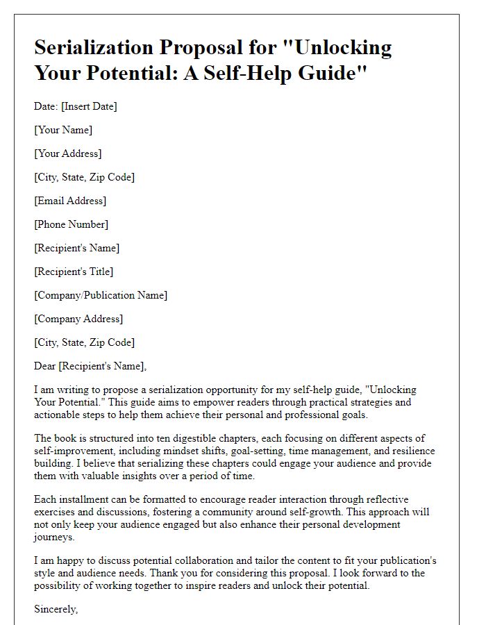 Letter template of a serialization proposal for a self-help guide.