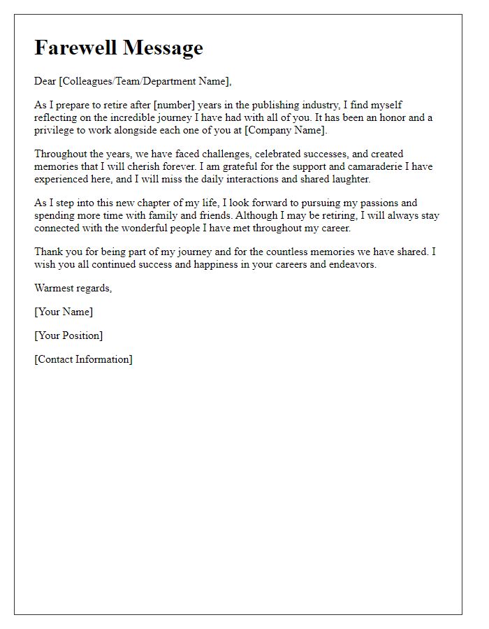 Letter template of farewell message for retiring from publishing