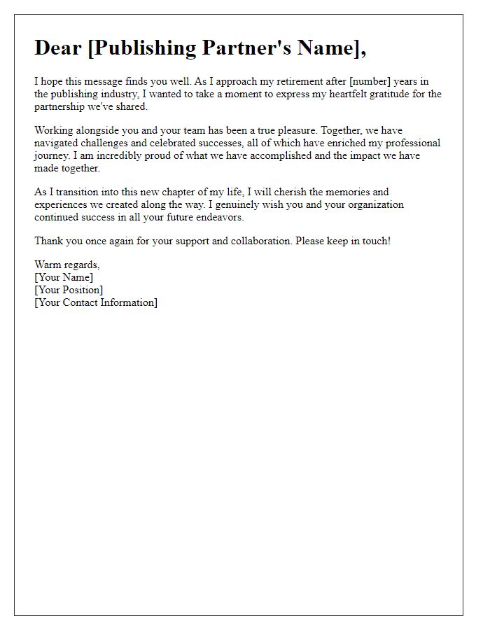 Letter template of gracious retirement message to publishing partners