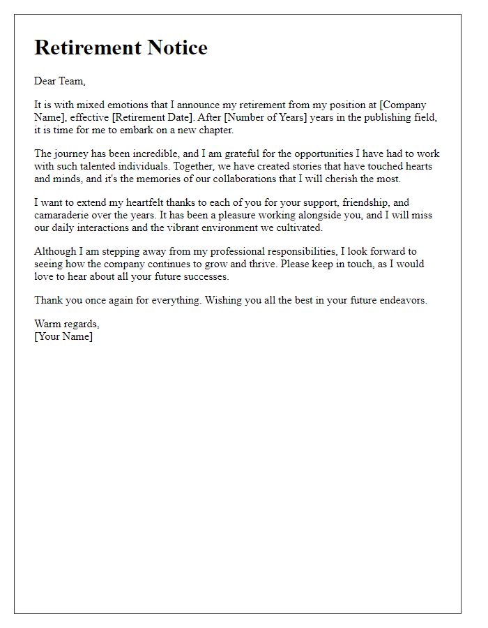 Letter template of heartfelt retirement notice from publishing field