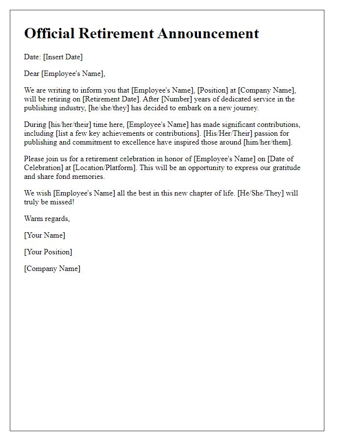 Letter template of official retirement announcement in publishing