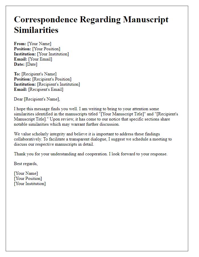 Letter template of correspondence for identified manuscript similarities.