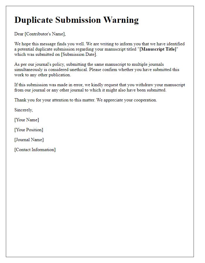 Letter template of duplicate submission warning for journal contributors.