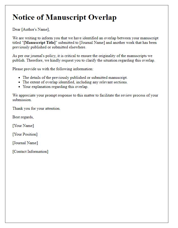 Letter template of notice about manuscript overlap to authors.