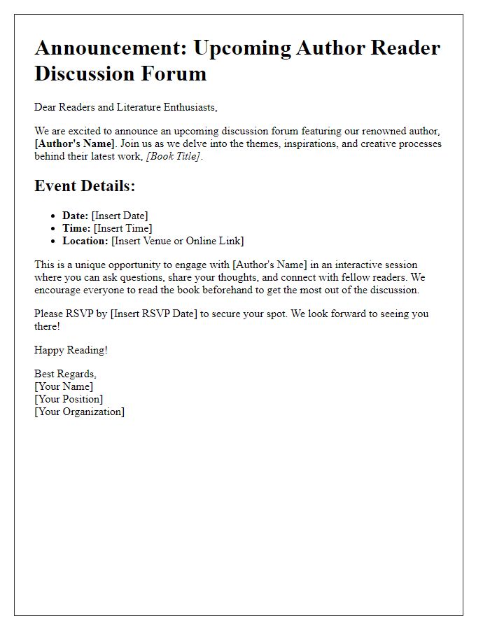 Letter template of author reader discussion forum announcement