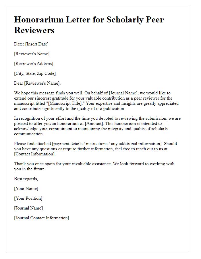 Letter template of honorarium for scholarly peer reviewers.