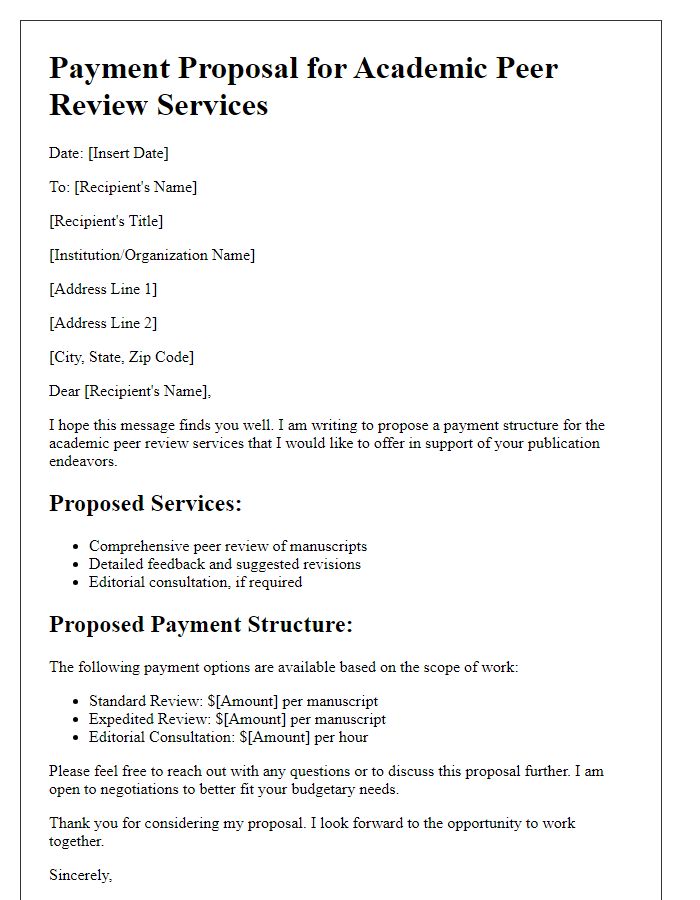 Letter template of payment proposal for academic peer review services.