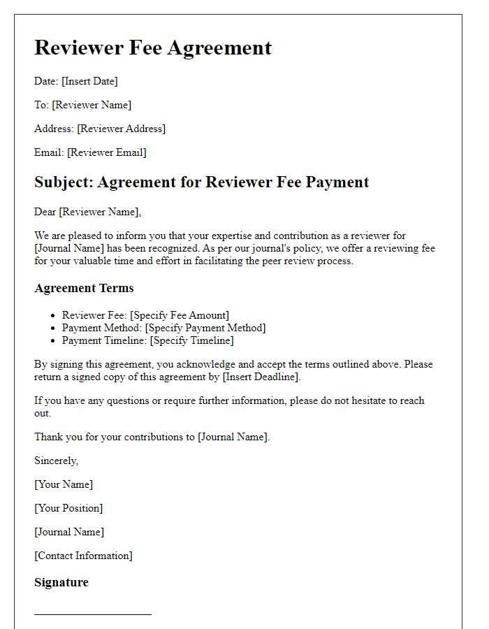 Letter template of reviewer fee agreement for academic journals.