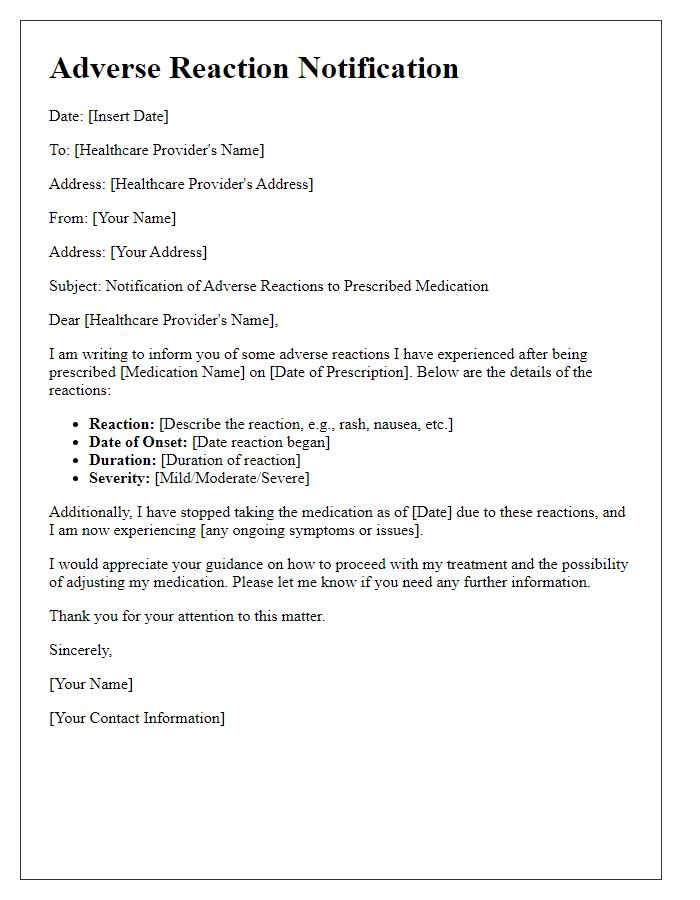 Letter template of detailing adverse reactions to prescribed medication.