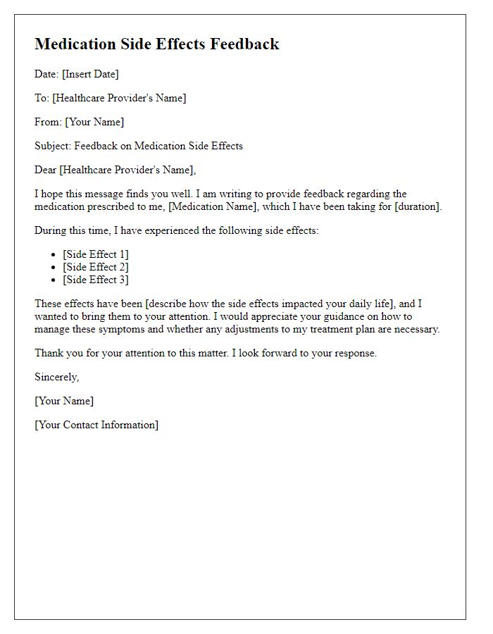 Letter template of medication side effects feedback for healthcare provider.