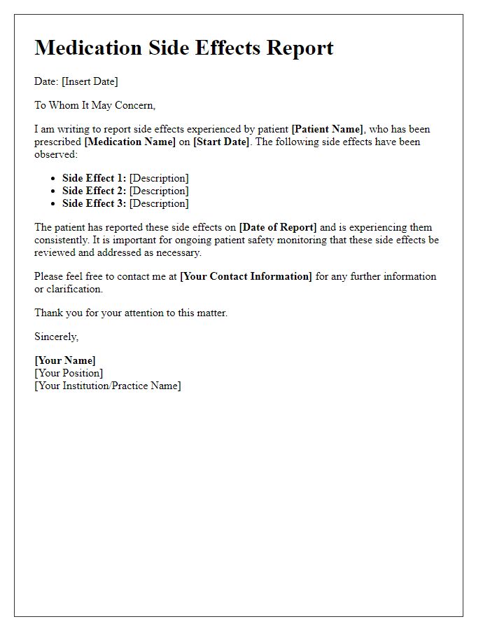 Letter template of reporting medication side effects for patient safety monitoring.