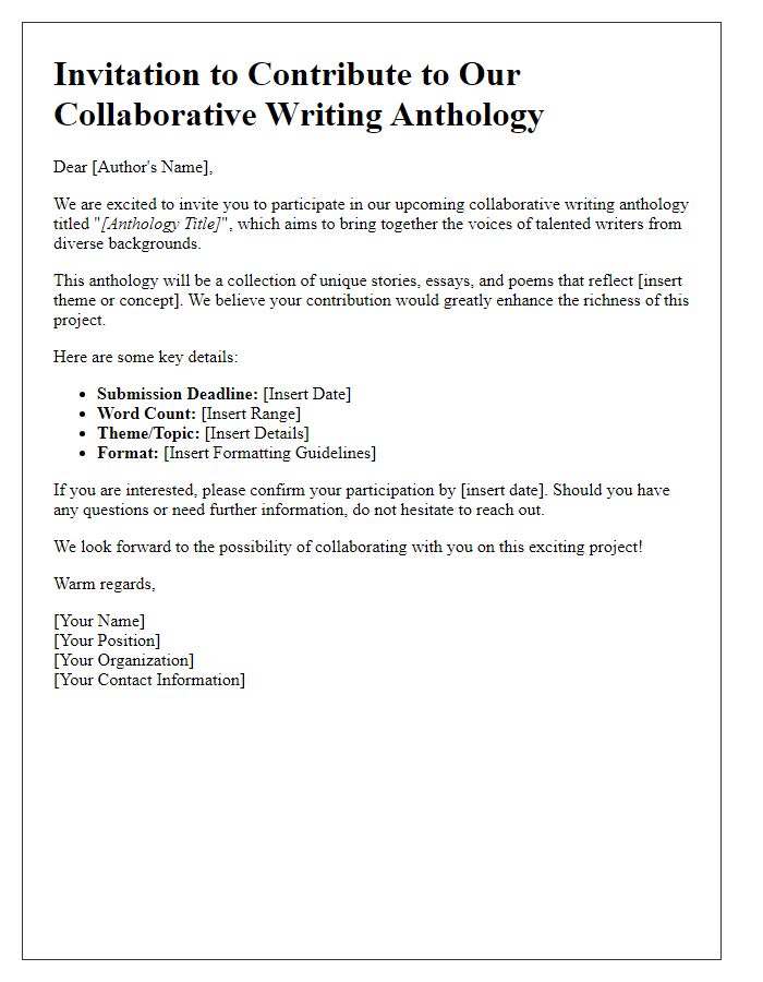 Letter template of collaborative writing anthology invitation