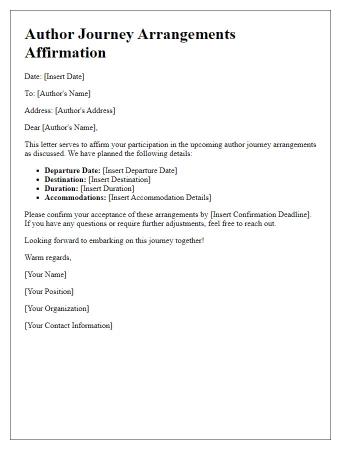 Letter template of author journey arrangements affirmation