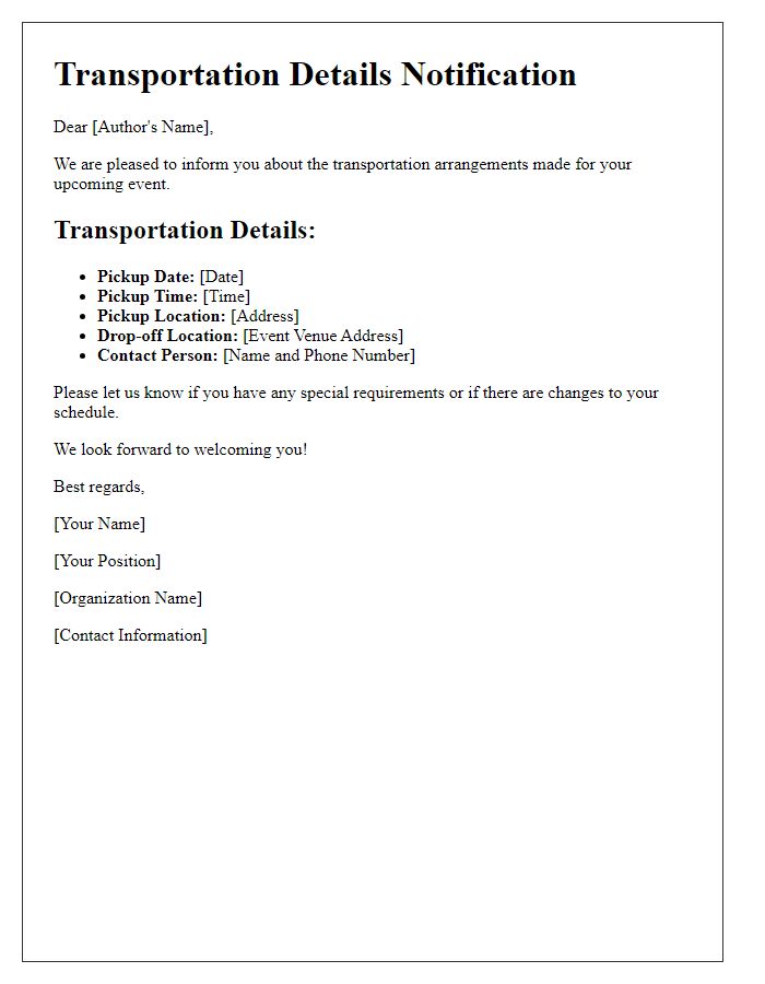 Letter template of author transportation details notification