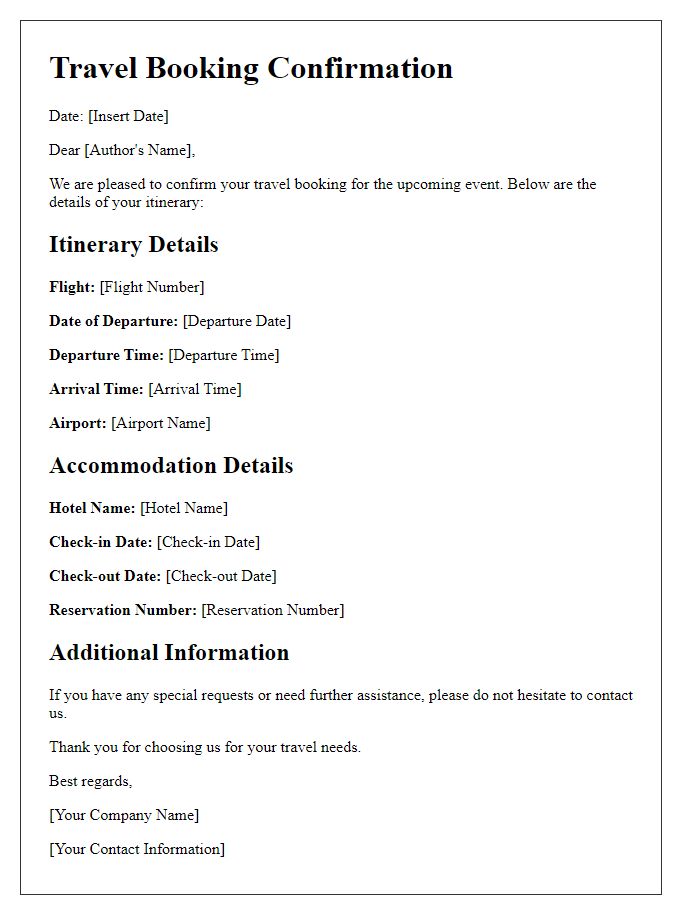 Letter template of author travel booking confirmation