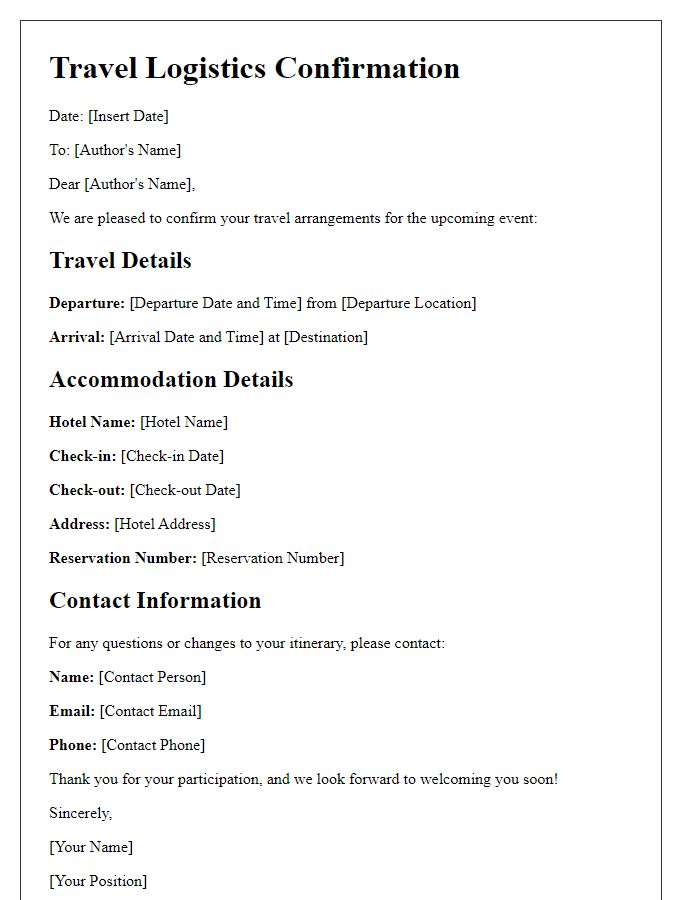 Letter template of author travel logistics confirmation