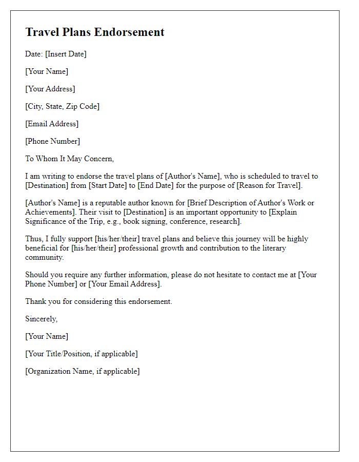 Letter template of author travel plans endorsement