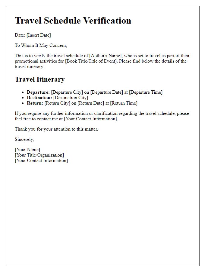 Letter template of author travel schedule verification