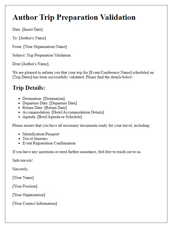 Letter template of author trip preparation validation