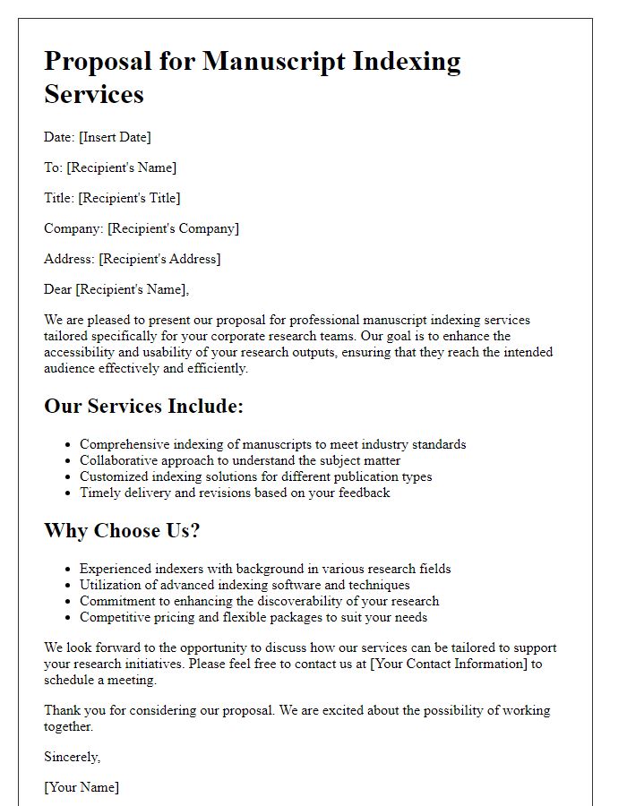 Letter template of manuscript indexing service proposal for corporate research teams