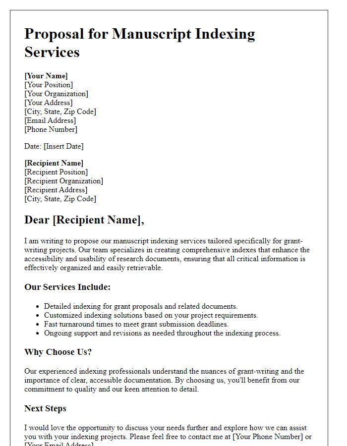 Letter template of manuscript indexing service proposal for grant-writing projects