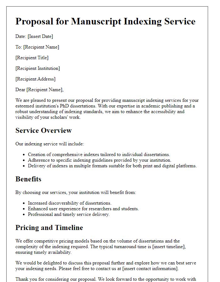 Letter template of manuscript indexing service proposal for PhD dissertations