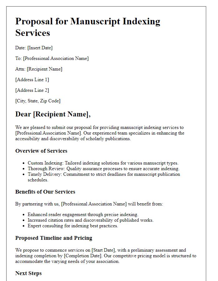 Letter template of manuscript indexing service proposal for professional associations